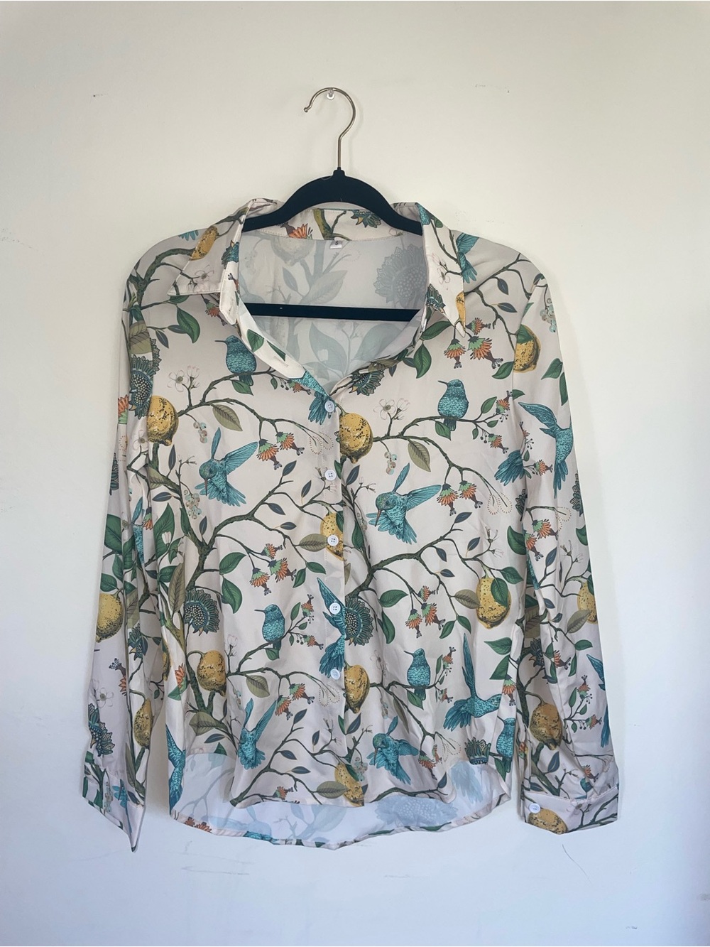 Button-Up Whimsical Bird Print Blouse